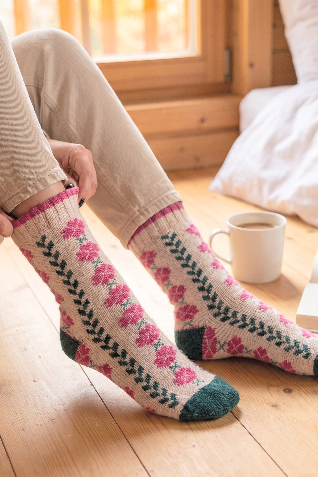 Flower-Patterned-Wool-Socks-in-Raspberry/Green