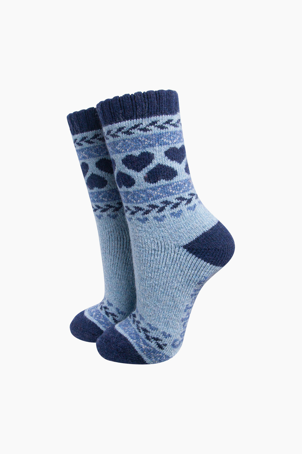 Heart-Patterned-Wool-Socks-in-Sky-Blue/Navy-Blue-On-Mannequin