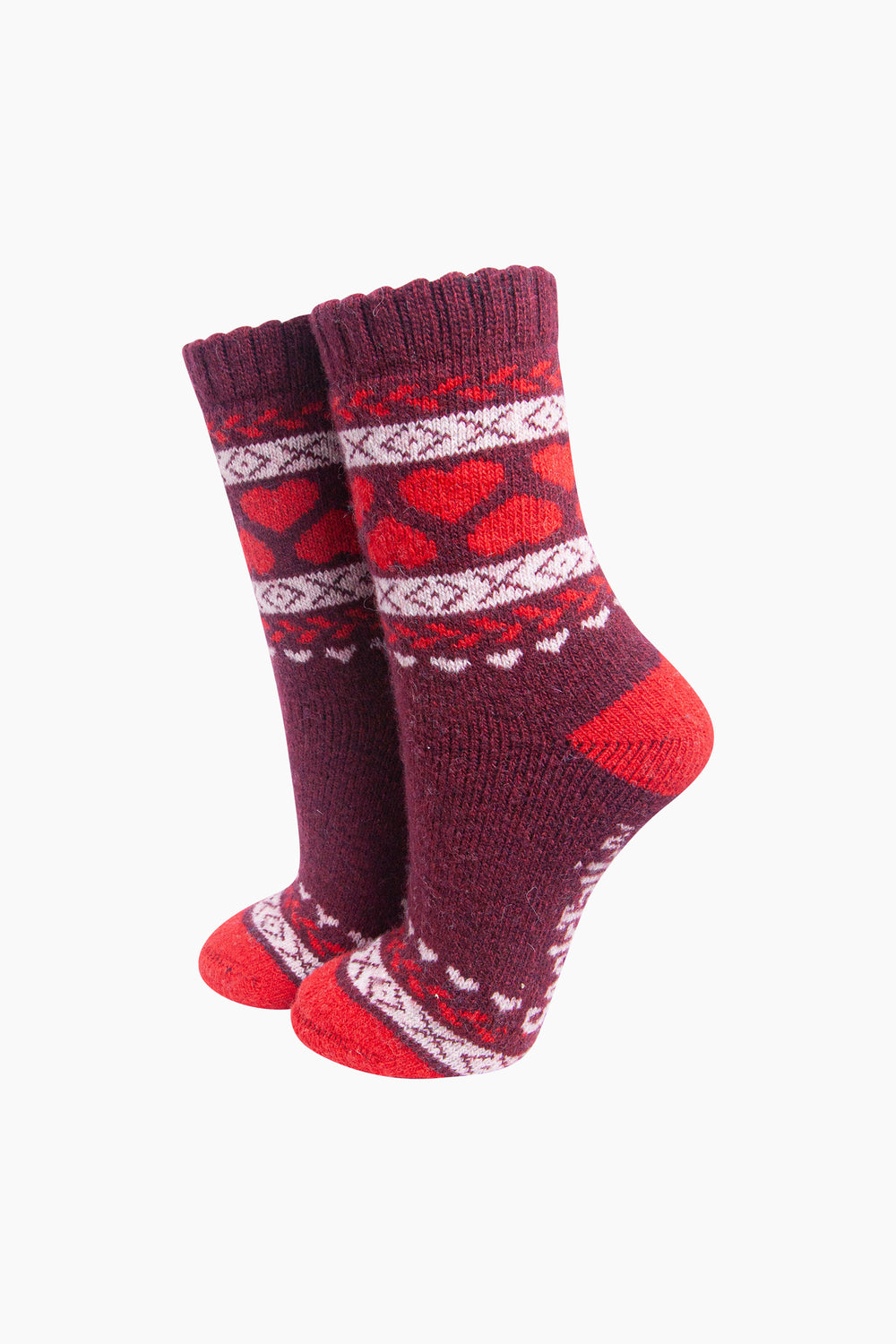 Heart-Patterned-Wool-Socks-in-Burgundy/Red-On-Mannequin