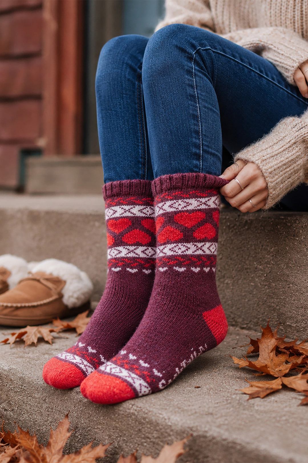 Heart-Patterned-Wool-Socks-in-Burgundy/Red