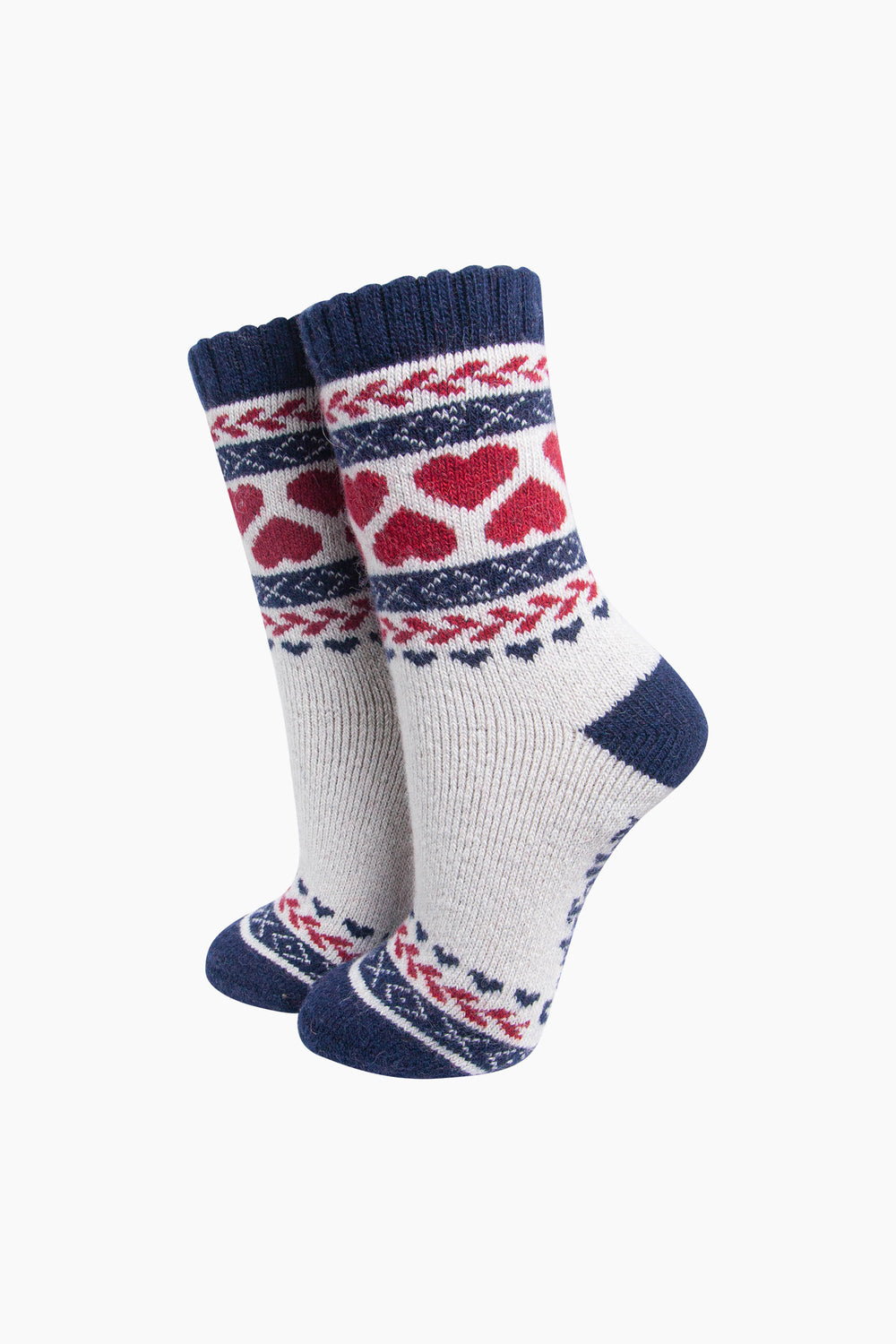 Heart-Patterned-Wool-Socks-in-Navy-Blue/Red-On-Mannequin