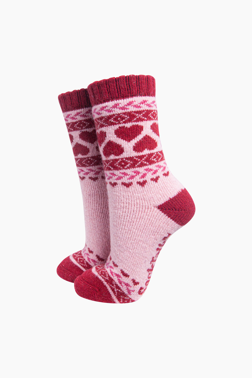 Heart-Patterned-Wool-Socks-in-Soft-Pink/Red-On-Mannequin