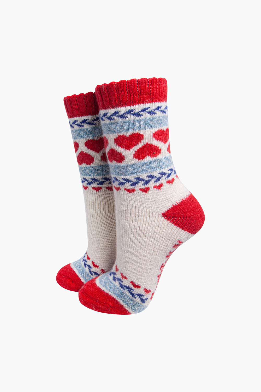 Heart-Patterned-Wool-Socks-in-Red/Sky-Blue-On-Mannequin