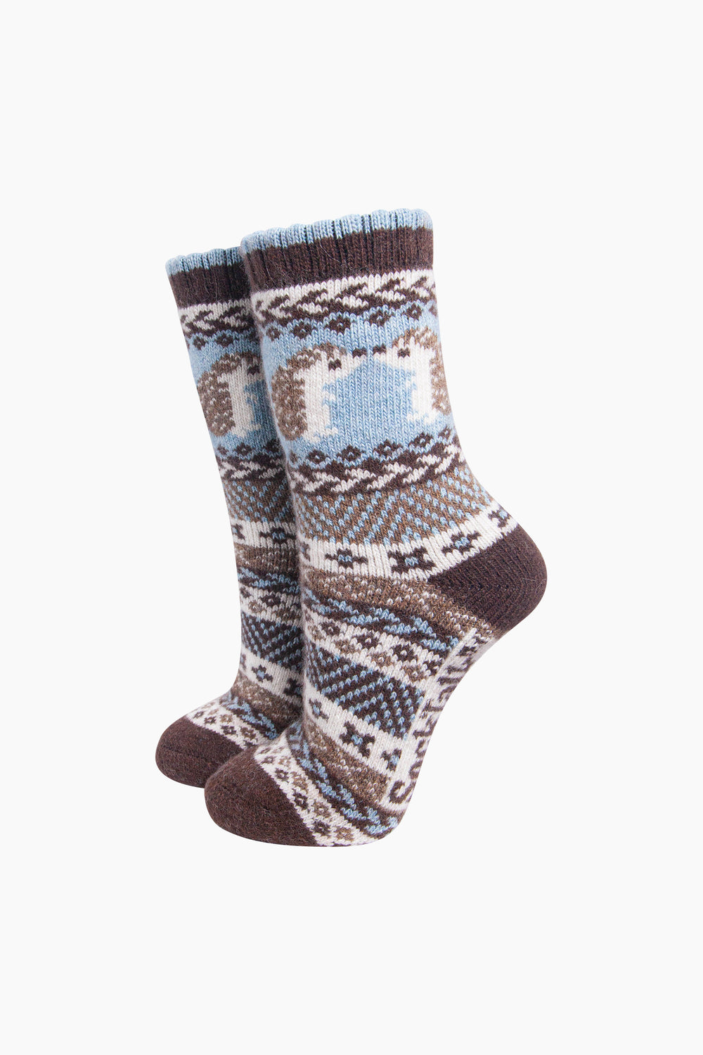 Hedgehog-Patterned-Wool-Socks-in-Brown/Sky-Blue-On-Mannequin