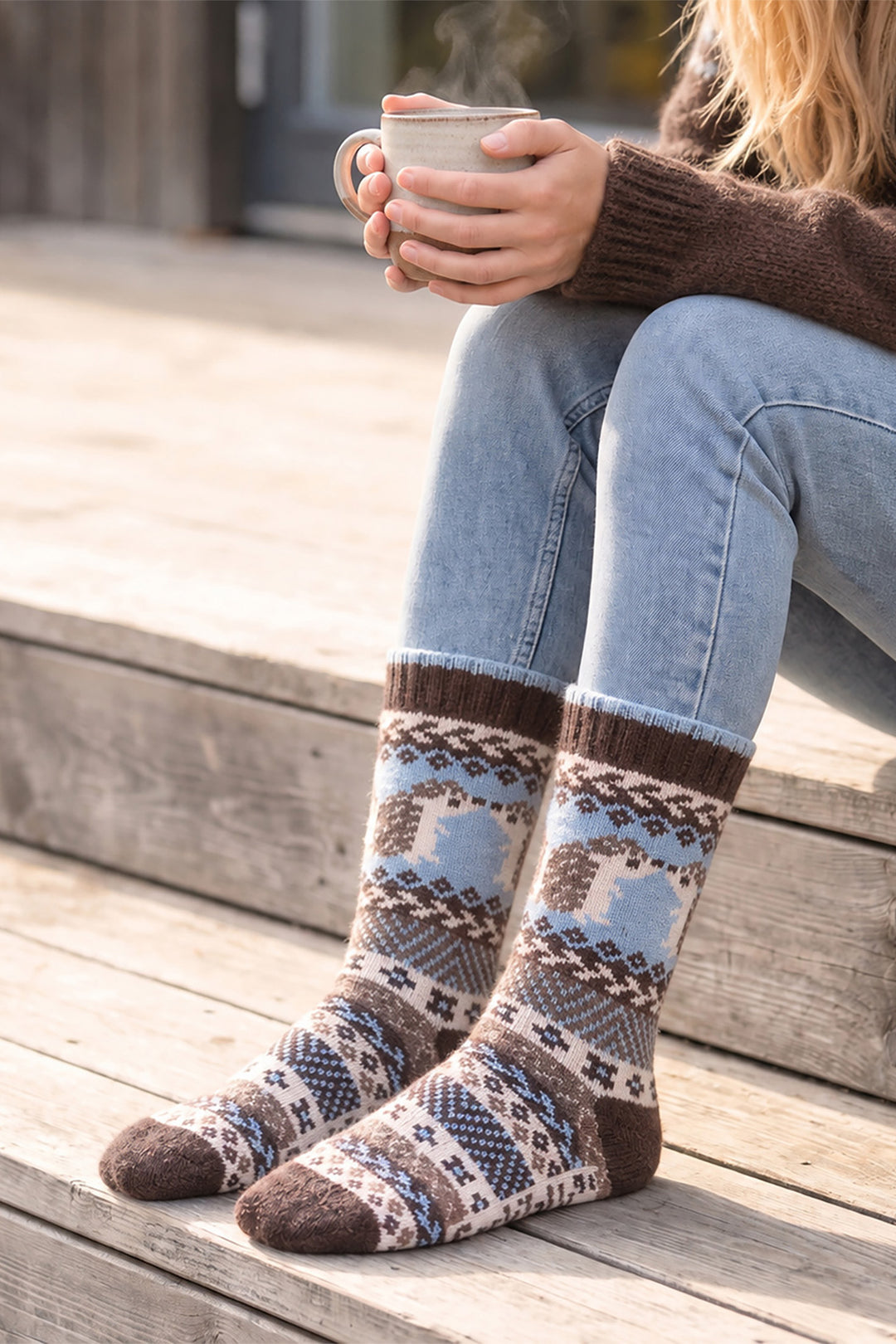 Hedgehog-Patterned-Wool-Socks-in-Brown/Sky-Blue