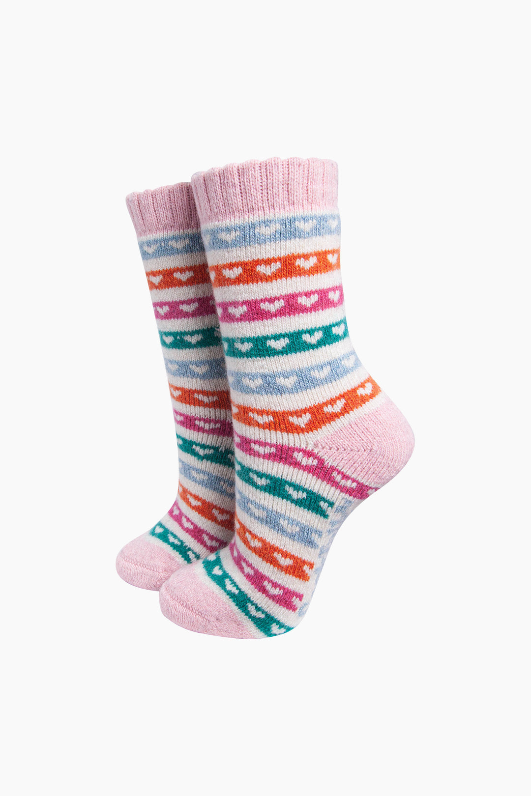 Heart-Stripe-Patterned-Wool-Socks-in-Cream/Multi-On-Mannequin