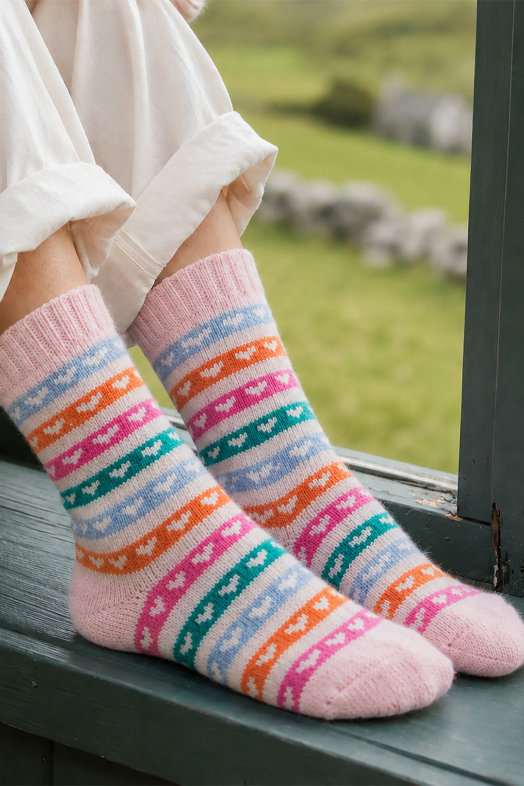 Heart-Stripe-Patterned-Wool-Socks-in-Cream/Multi-