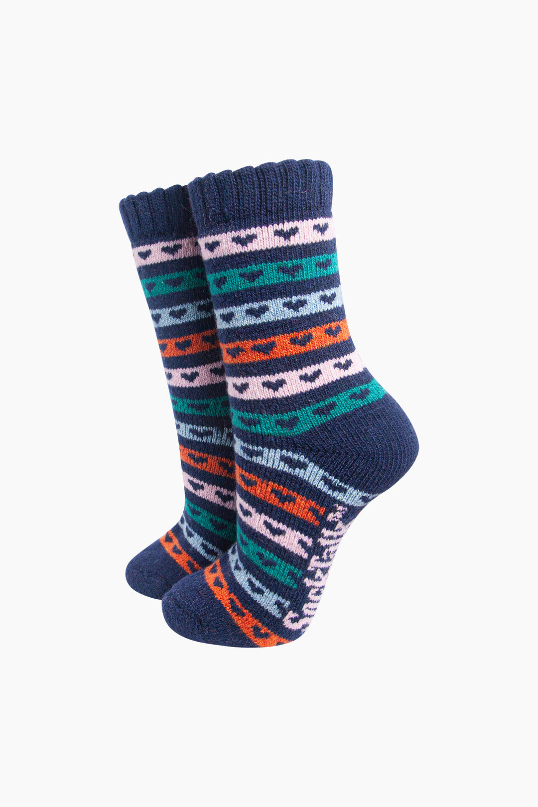 Heart-Stripe-Patterned-Wool-Socks-in-Navy-Blue/Multi-On-Mannequin