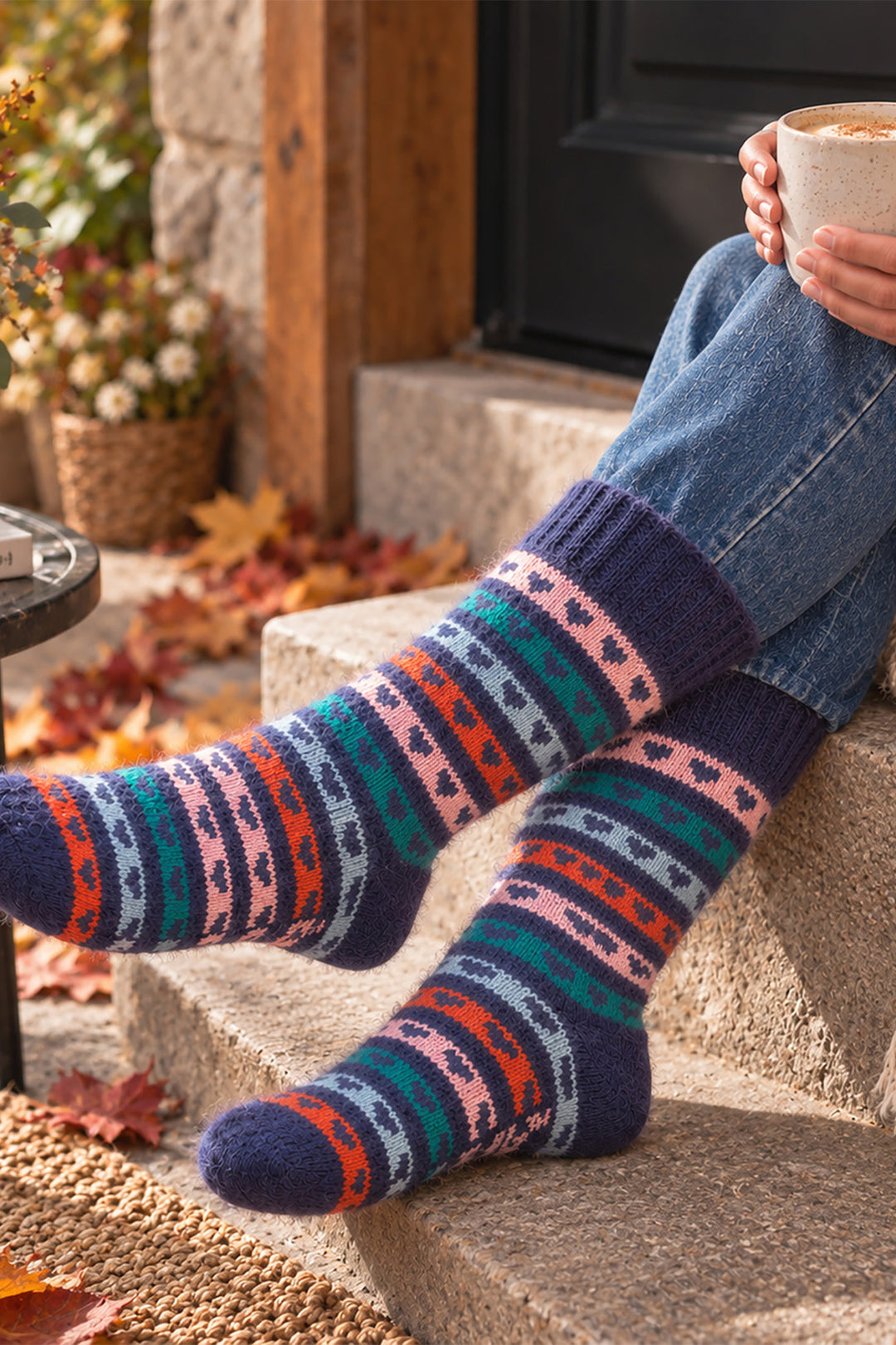 Heart-Stripe-Patterned-Wool-Socks-in-Navy-Blue/Multi