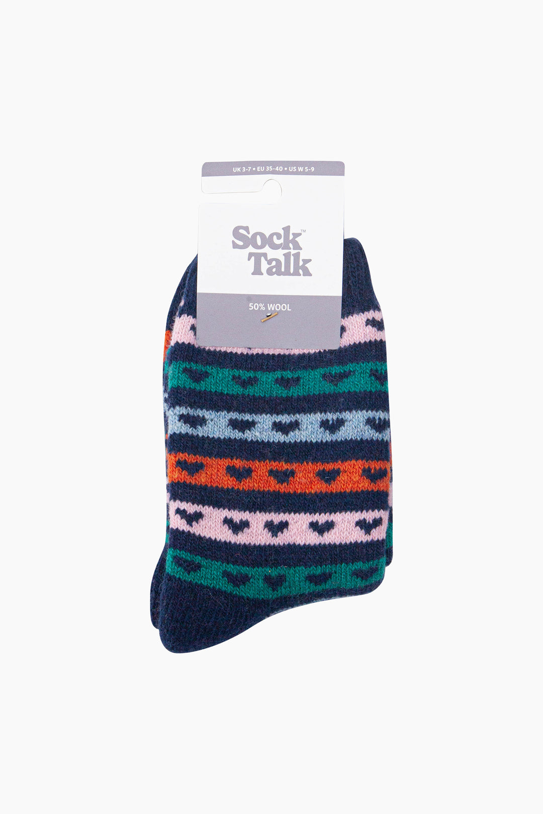 Heart-Stripe-Patterned-Wool-Socks-in-Navy-Blue/Multi-In-Packaging
