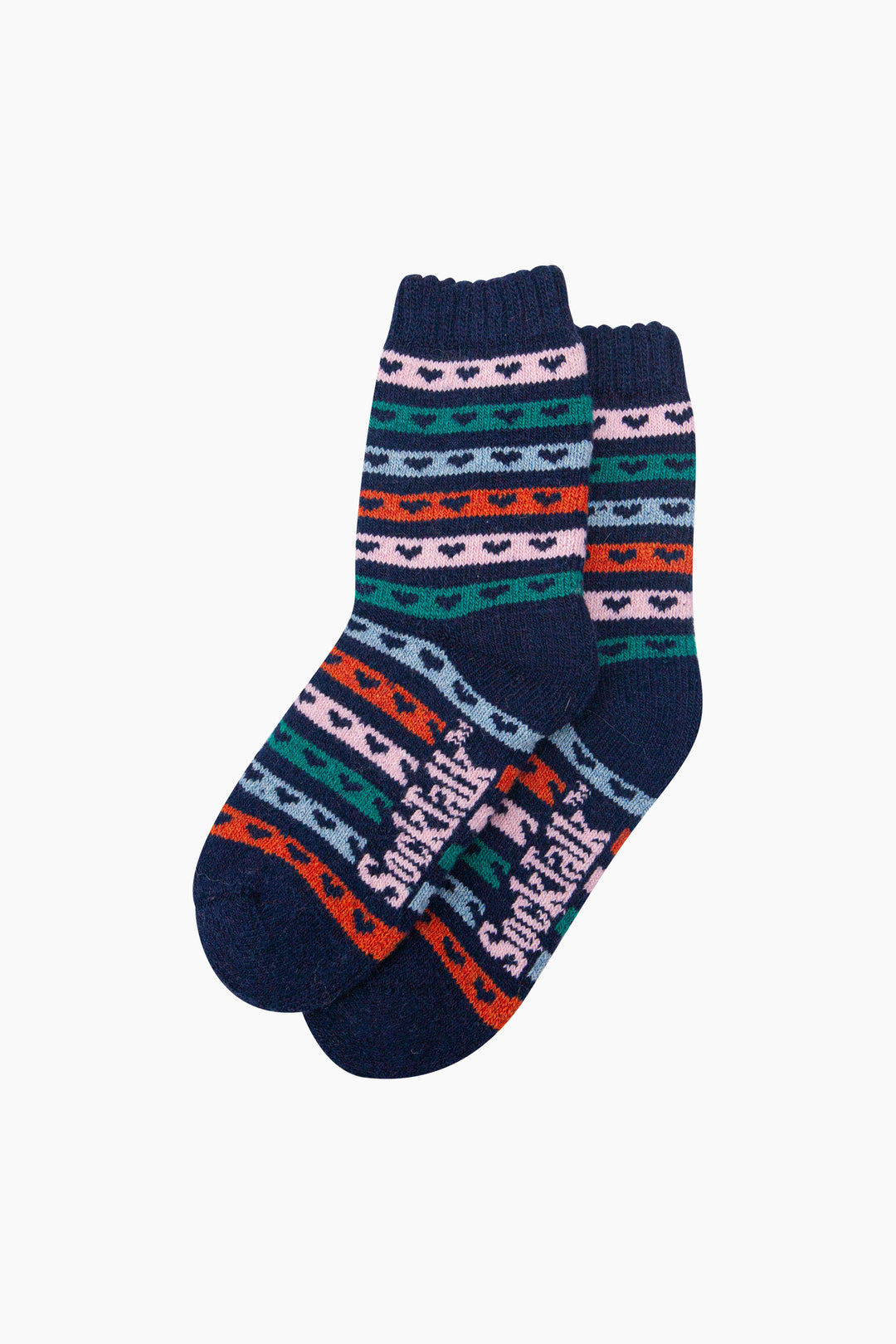 Heart-Stripe-Patterned-Wool-Socks-in-Navy-Blue/Multi-Laid-Flat
