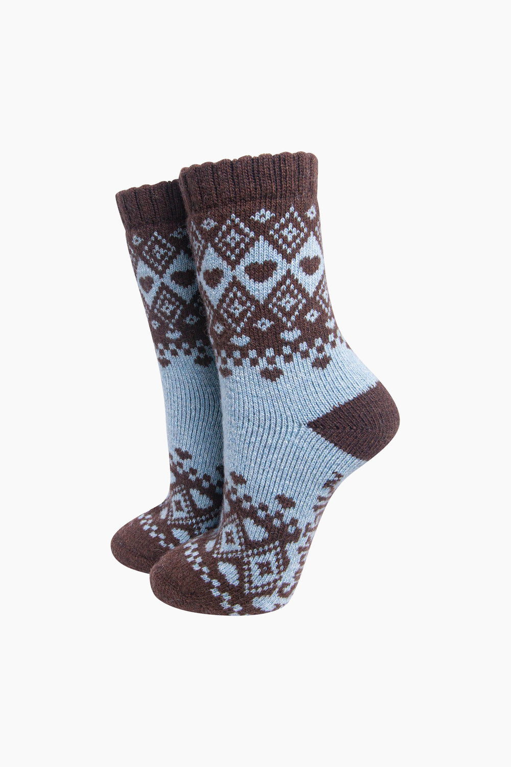 Scandi-Heart-Patterned-Wool-Socks-in-Sky-Blue/Brown-On-Mannequin