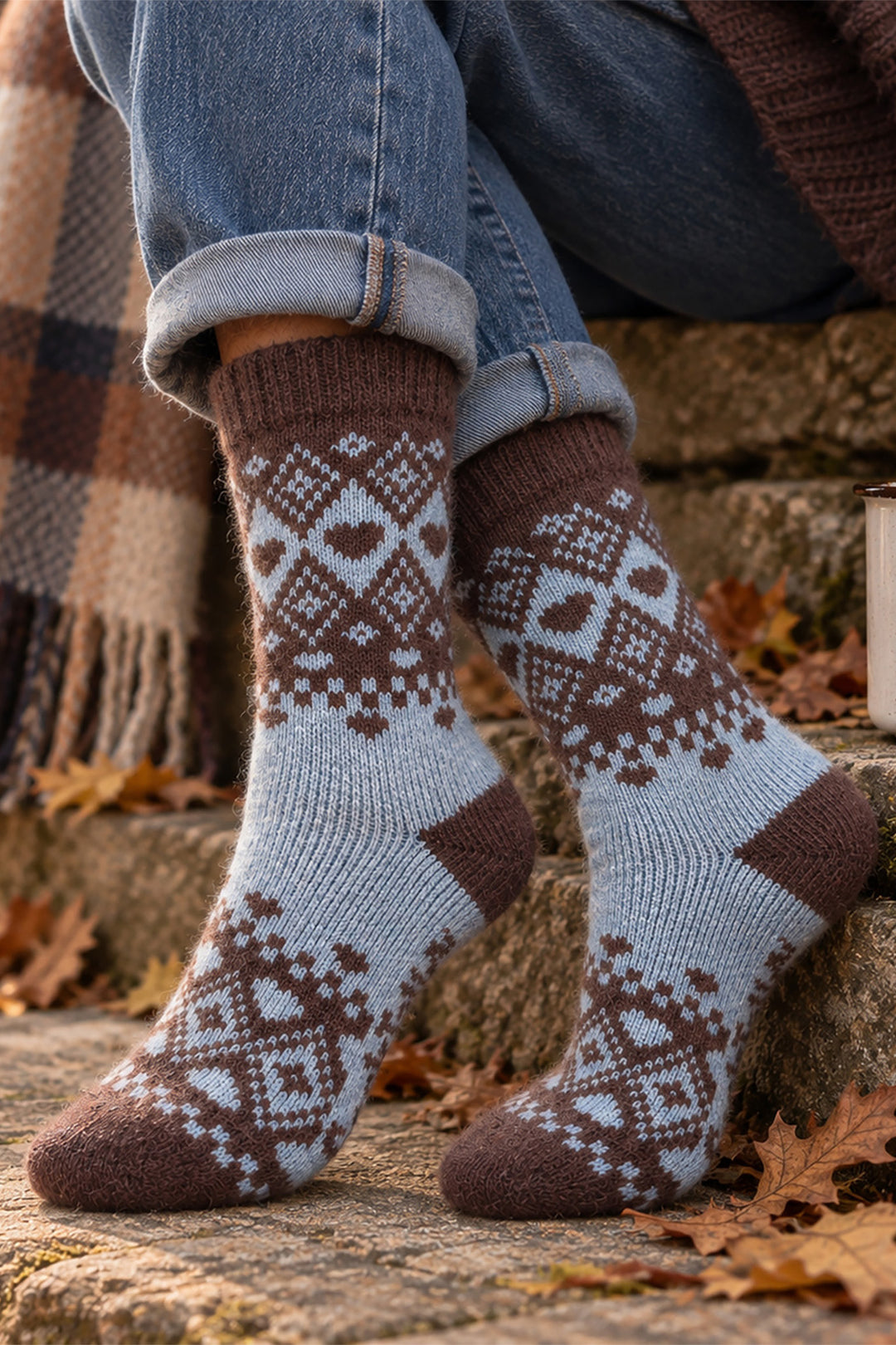 Scandi-Heart-Patterned-Wool-Socks-in-Sky-Blue/Brown