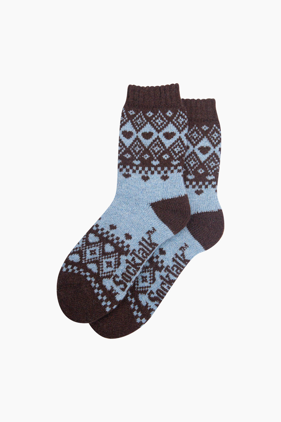 Scandi-Heart-Patterned-Wool-Socks-in-Sky-Blue/Brown-Laid-Flat