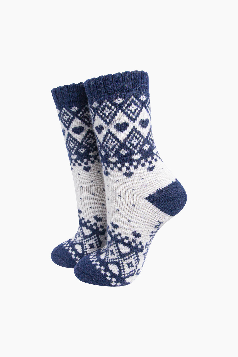 Scandi Heart Patterned Wool Socks in Cream/Navy Blue-On-Mannequin