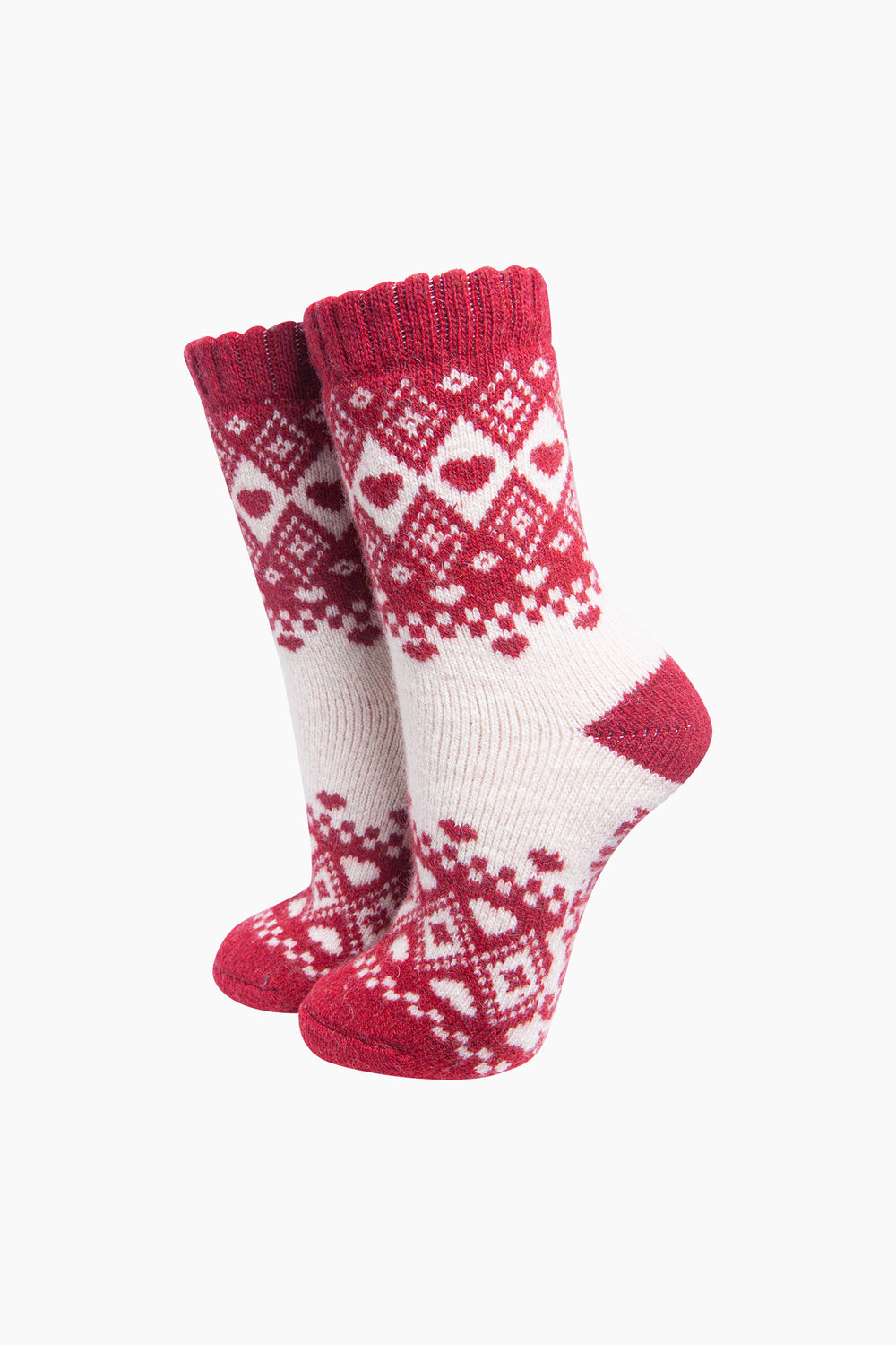 Scandi-Heart-Patterned-Wool-Socks-in-Red/Cream-On-Mannequin