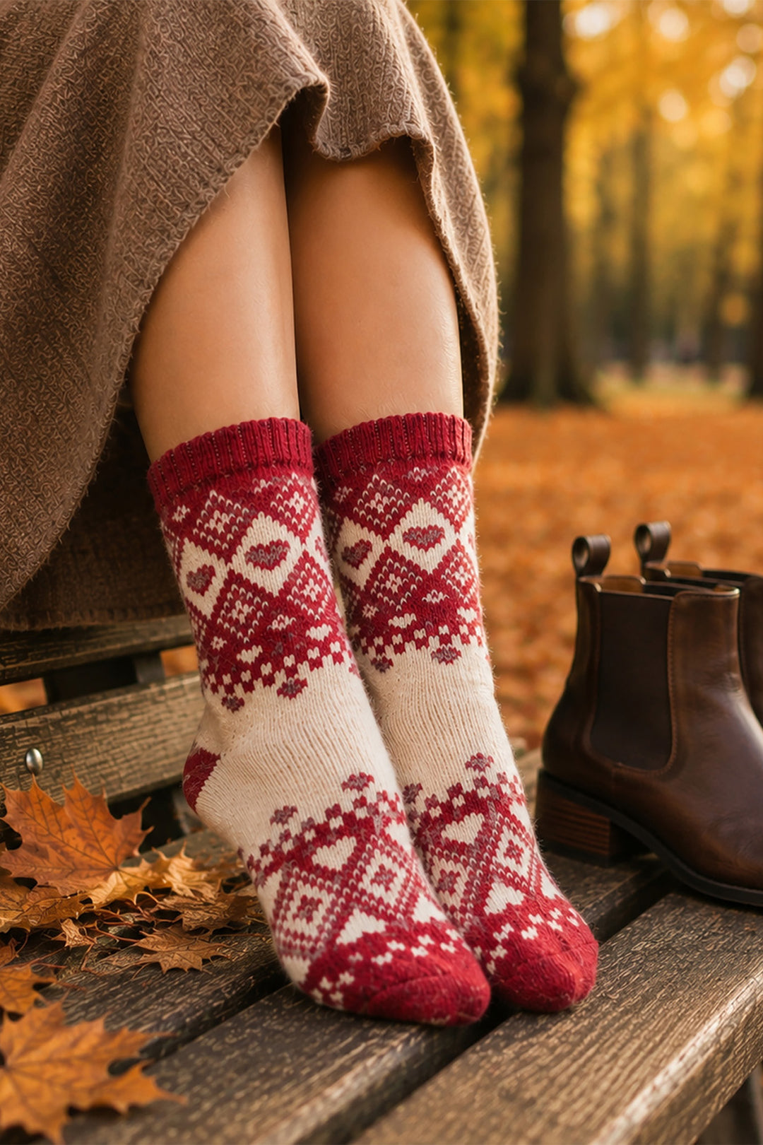 Scandi-Heart-Patterned-Wool-Socks-in-Red/Cream