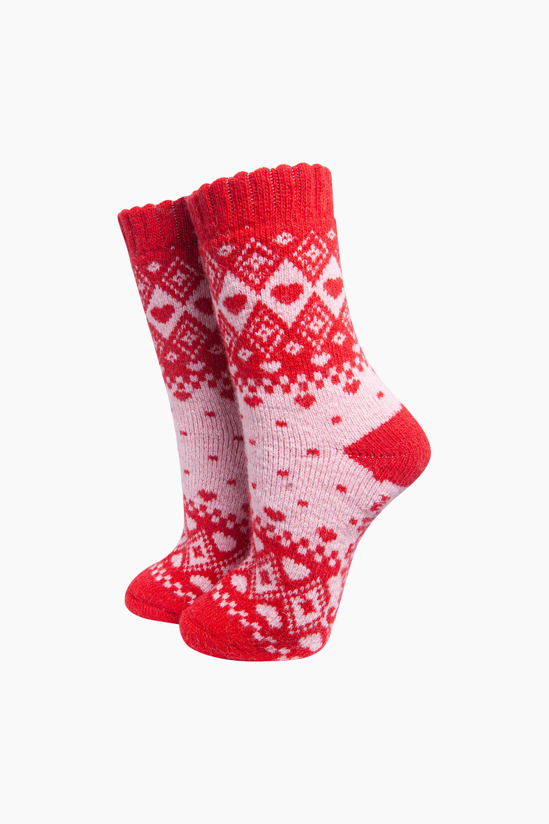 Scandi Heart Patterned Wool Socks in Soft Pink/Red-On-Mannequin