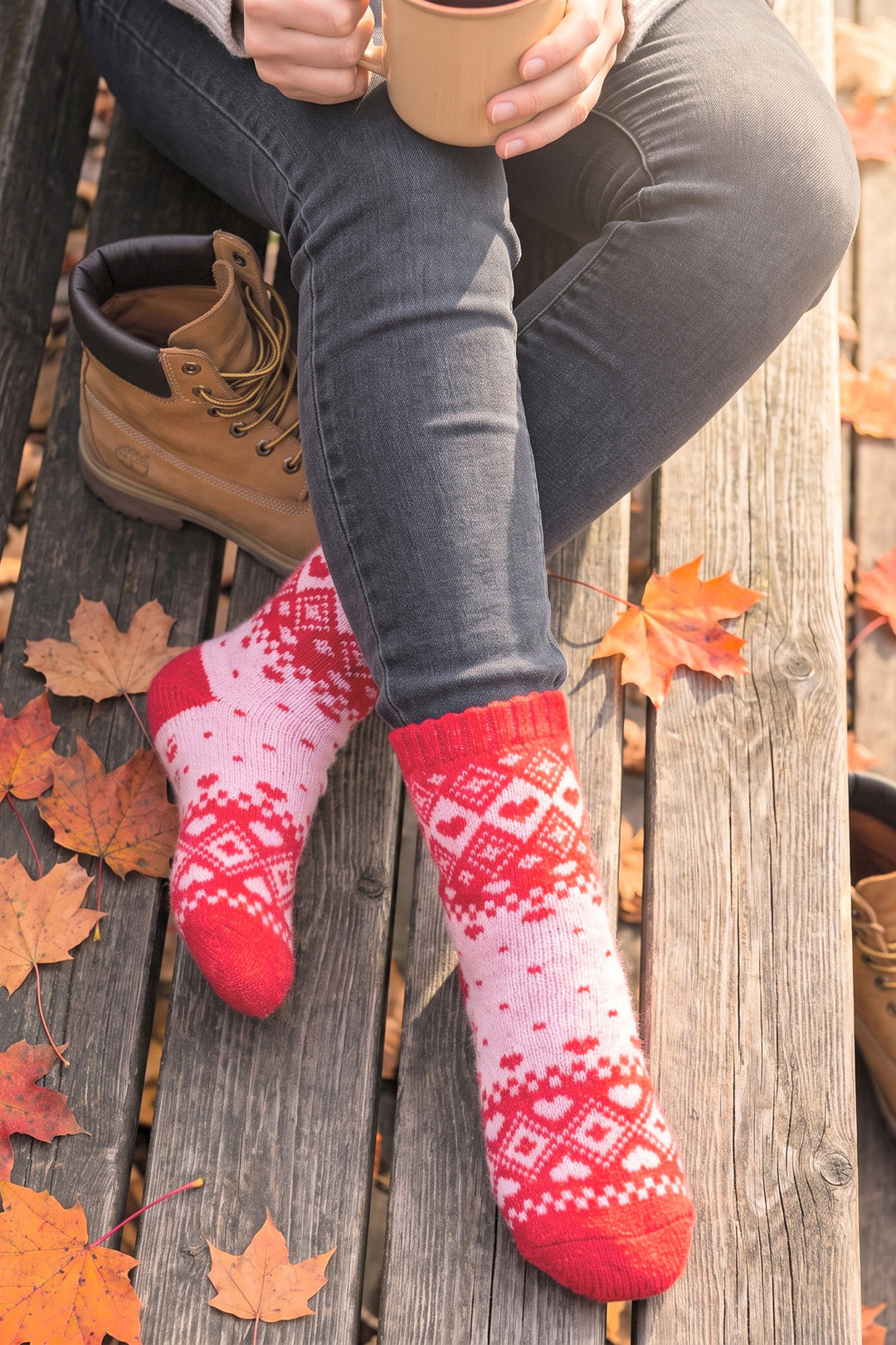Scandi Heart Patterned Wool Socks in Soft Pink/Red