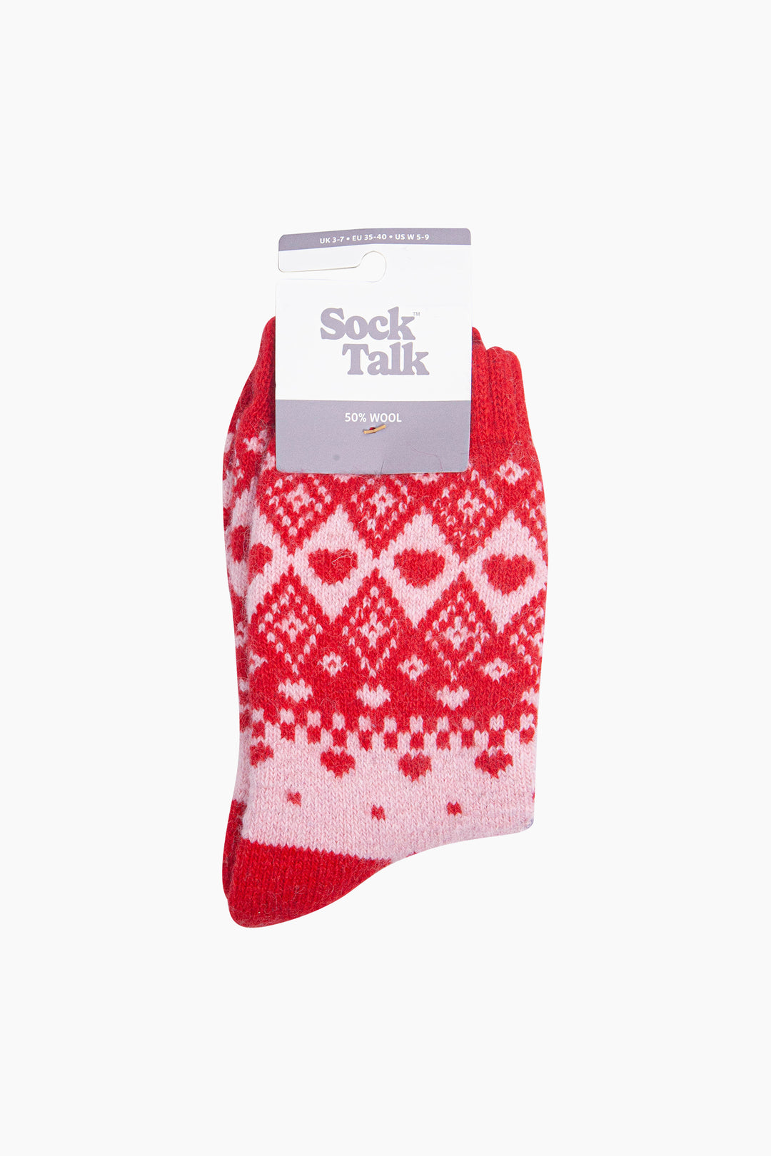 Scandi Heart Patterned Wool Socks in Soft Pink/Red-In-Packaging
