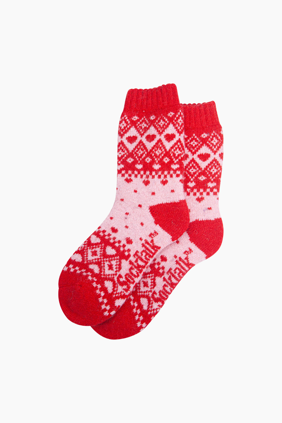 Scandi Heart Patterned Wool Socks in Soft Pink/Red-Laid-Flat