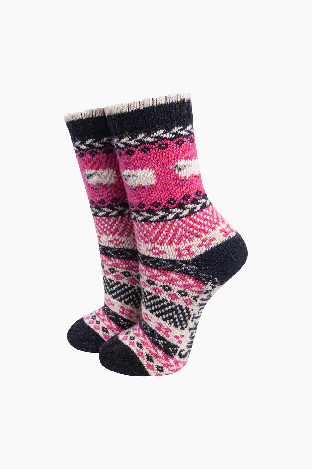 Sheep-Patterned-Wool-Socks-in-Hot-Pink-On-Mannequin