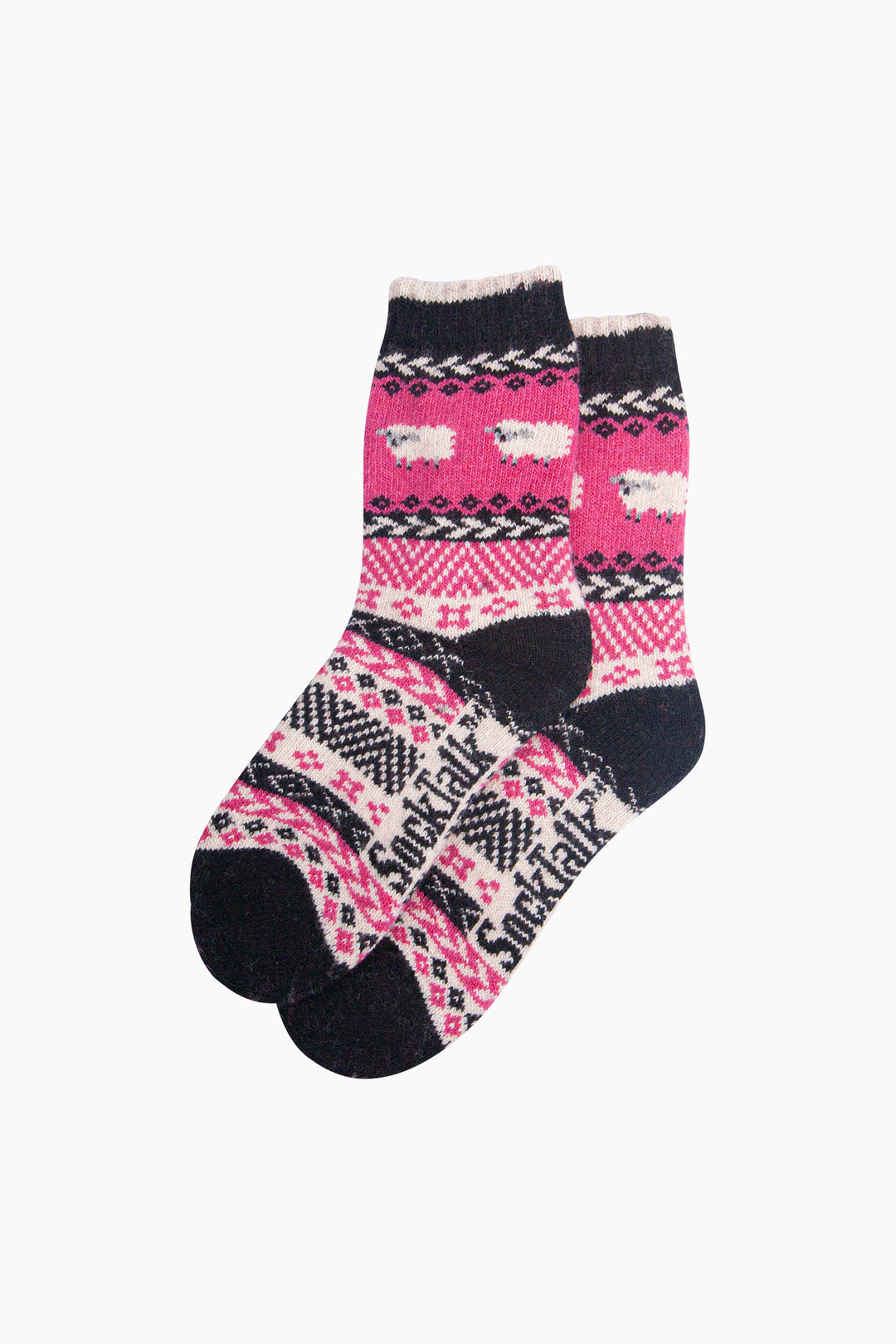 Sheep-Patterned-Wool-Socks-in-Hot-Pink-Laid-Flat