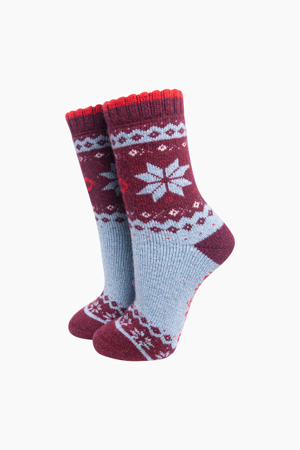 Nordic-Snowflake-Patterned-Wool-Socks-in-Sky-Blue/Burgundy-On-Mannequin