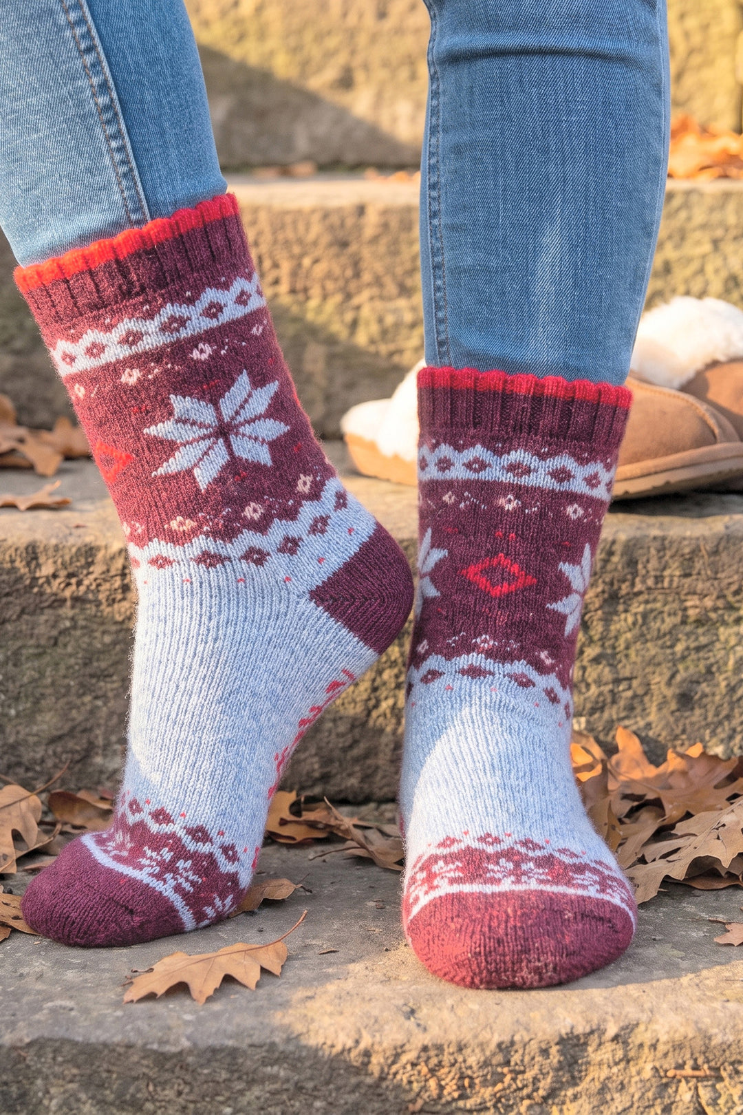 Nordic-Snowflake-Patterned-Wool-Socks-in-Sky-Blue/Burgundy