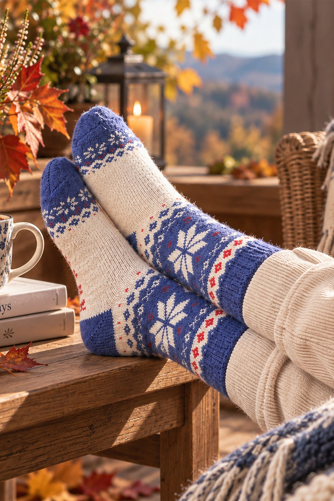 Nordic-Snowflake-Patterned-Wool-Socks-in-Cream/Deep-Blue