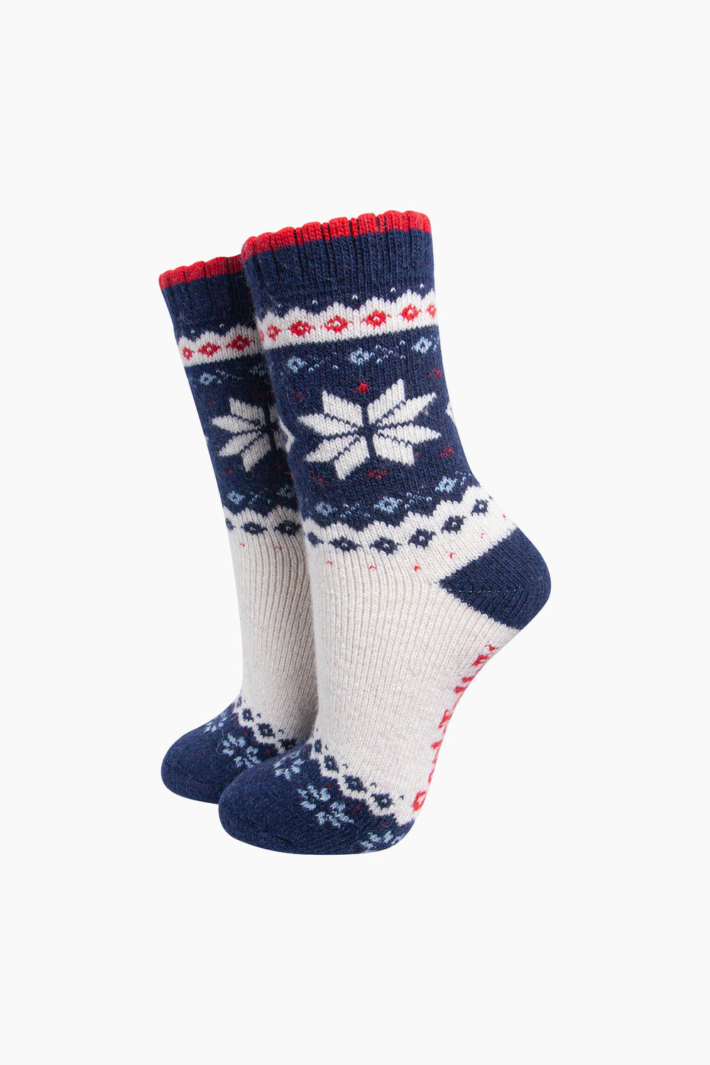 Nordic-Snowflake-Patterned-Wool-Socks-in-Cream/Navy-Blue-On-Mannequin