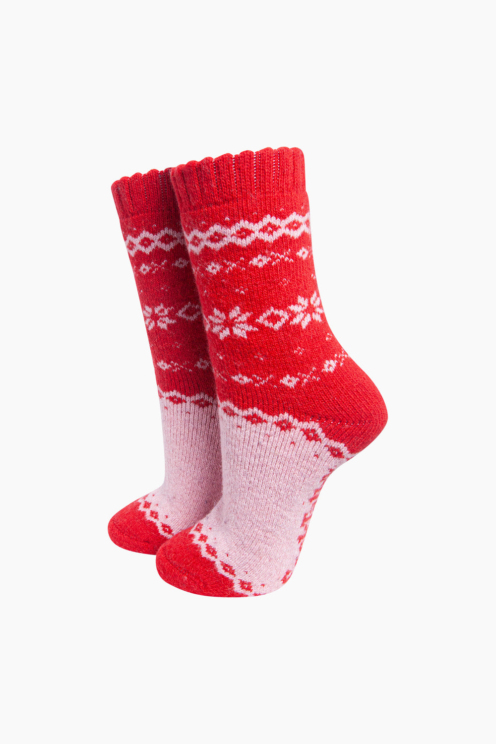 Nordic-Snowflake-Patterned-Wool-Socks-in-Soft-Pink/Red-On-Mannequin