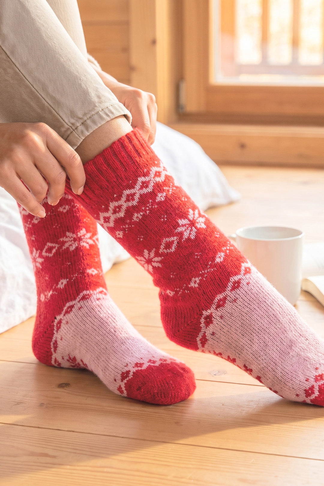 Nordic-Snowflake-Patterned-Wool-Socks-in-Soft-Pink/Red