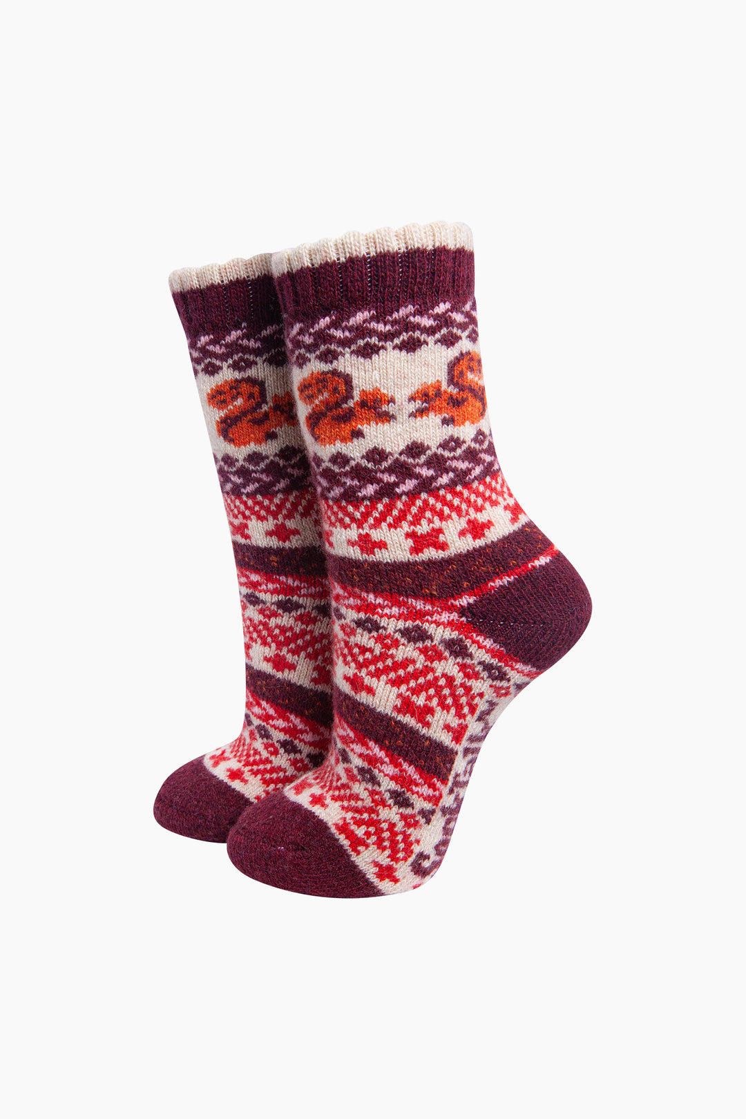 Squirrel-Patterned-Wool-Socks-in-Cream/Burgundy-On-Mannequin