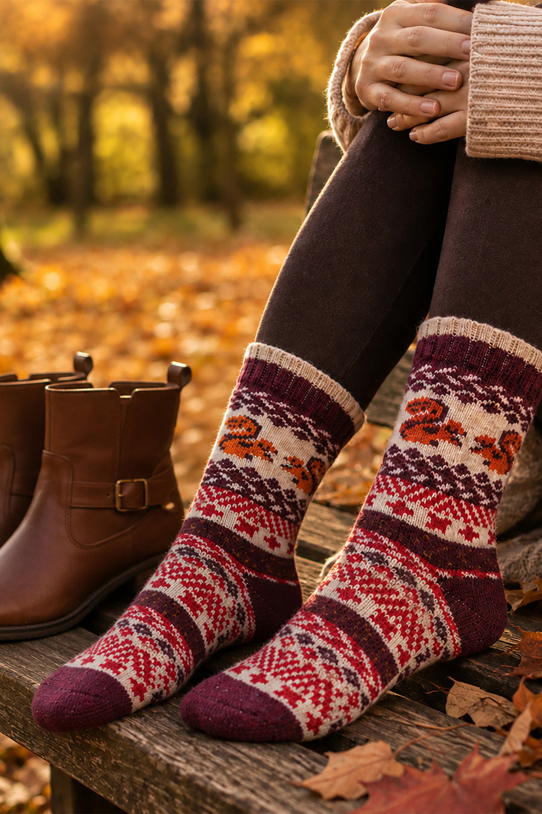 Squirrel-Patterned-Wool-Socks-in-Cream/Burgundy