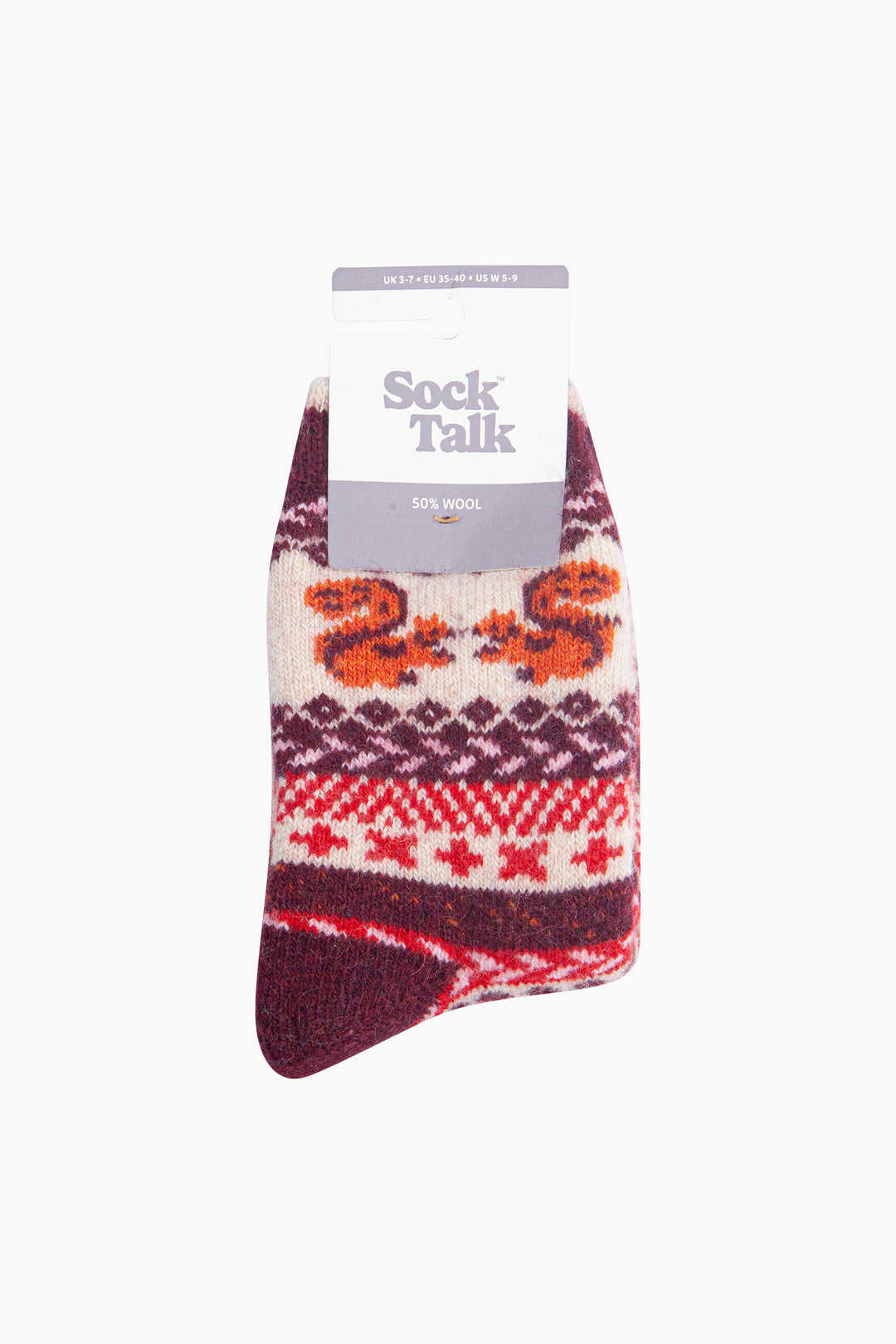 Squirrel-Patterned-Wool-Socks-in-Cream/Burgundy-In-Packaging
