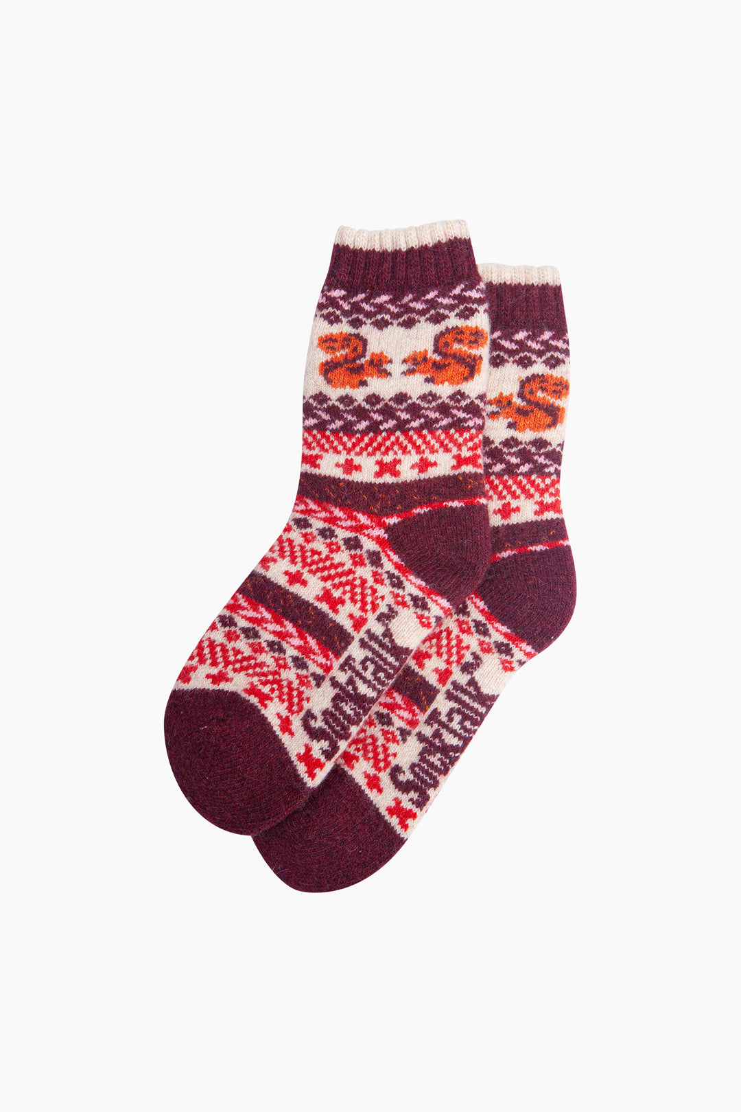 Squirrel-Patterned-Wool-Socks-in-Cream/Burgundy-Laid-Flat