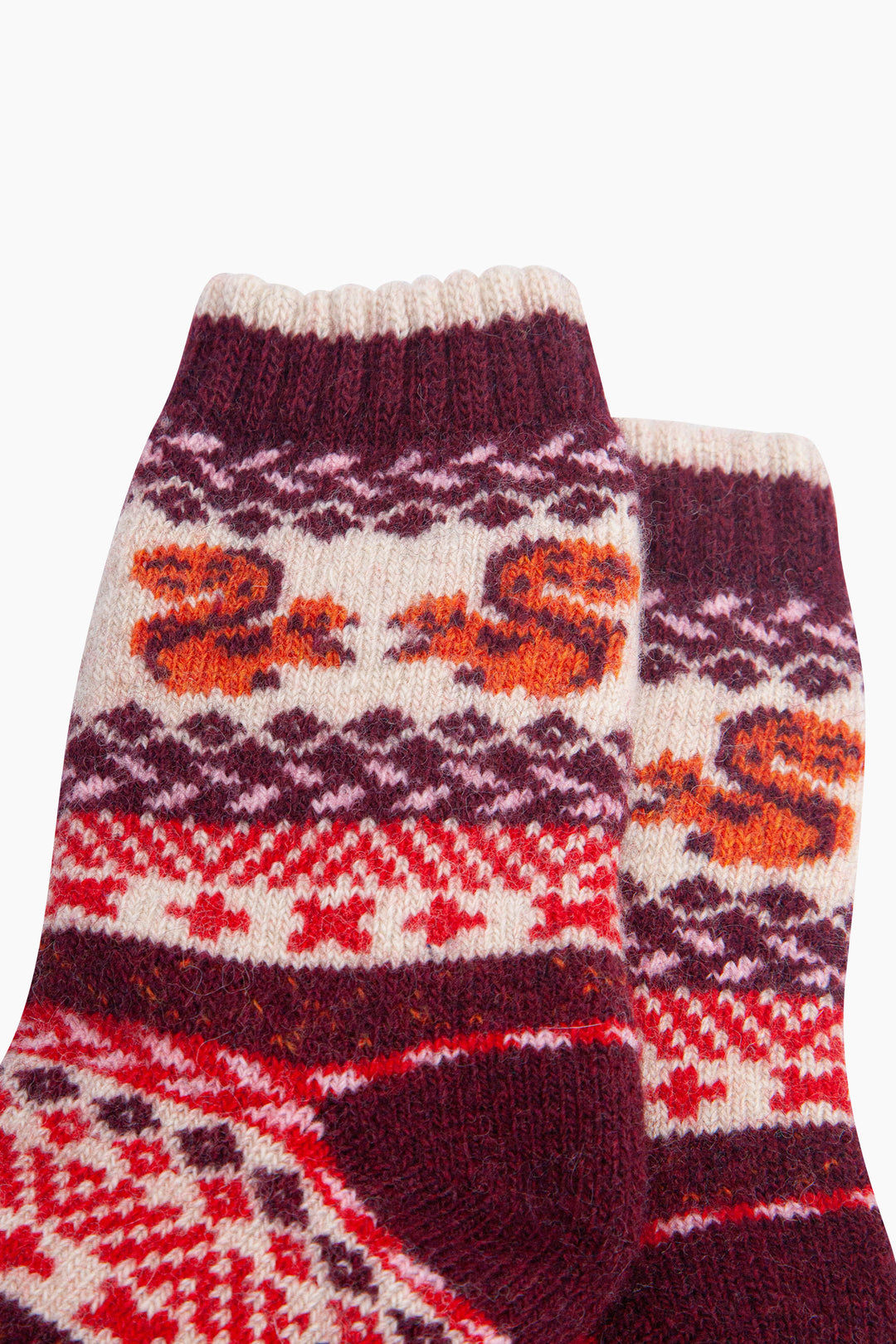 Squirrel-Patterned-Wool-Socks-in-Cream/Burgundy-Close-Up