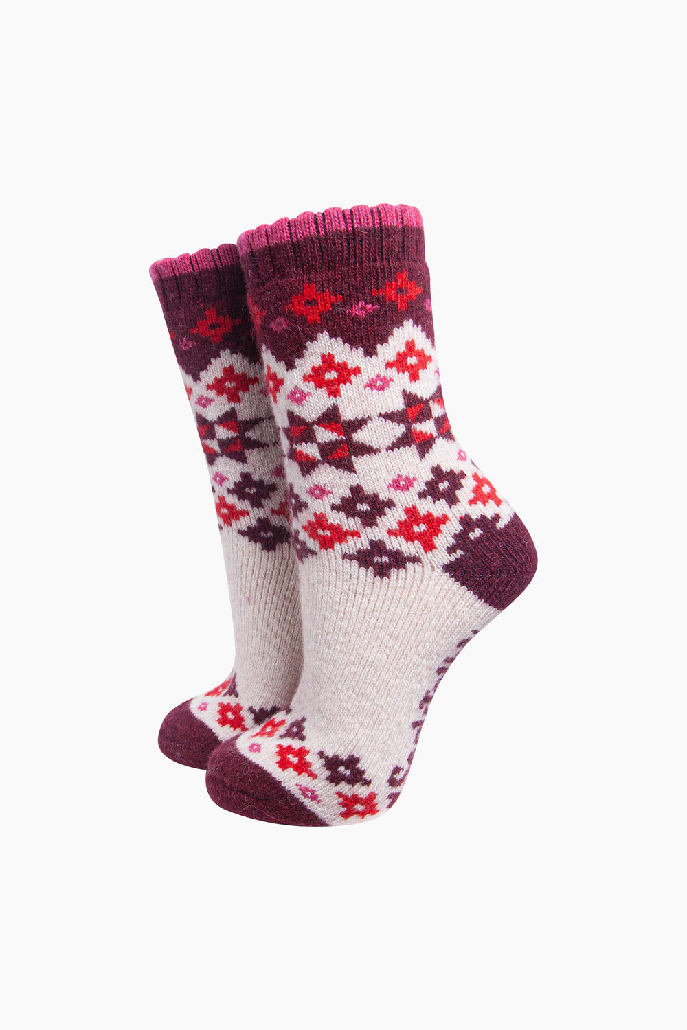 Star-Patterned-Wool-Socks-in-Cream/Burgundy-On-Mannequin