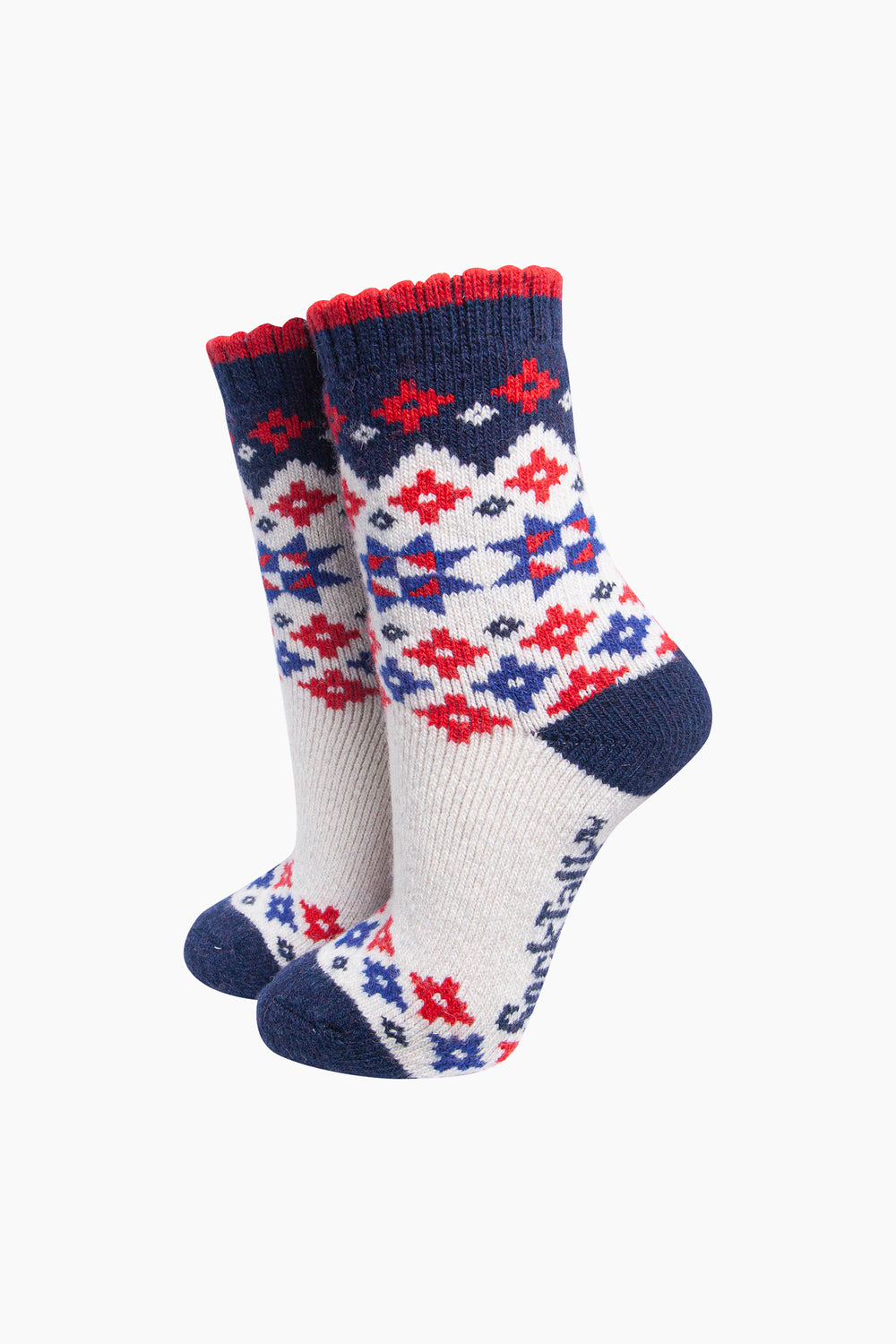 Star--Patterned-Wool-Socks-in-Cream/Navy-Blue-On-Mannequin