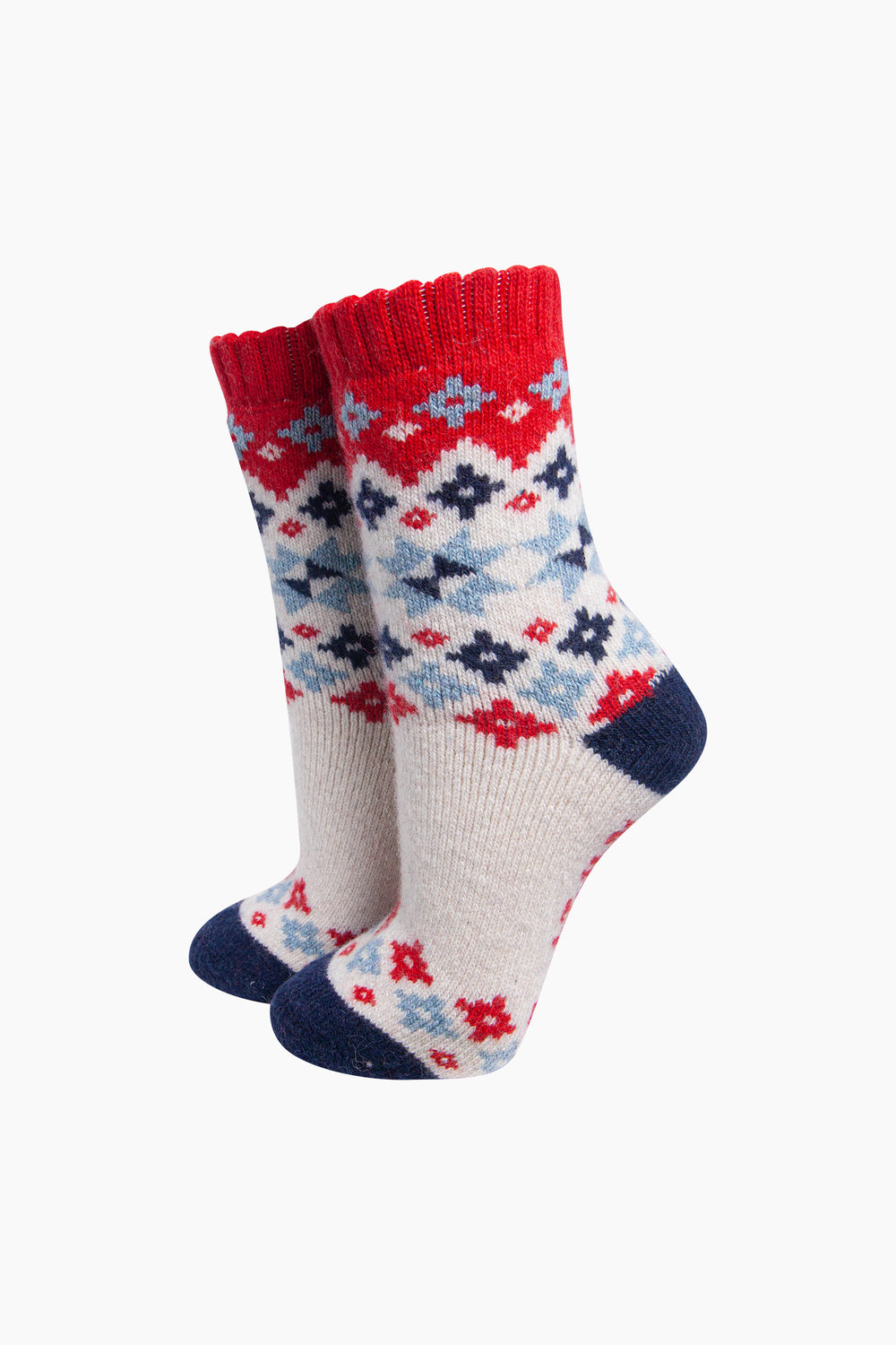 Star-Patterned-Wool-Socks-in-Cream/Red/Sky-Blue-On-Mannequin