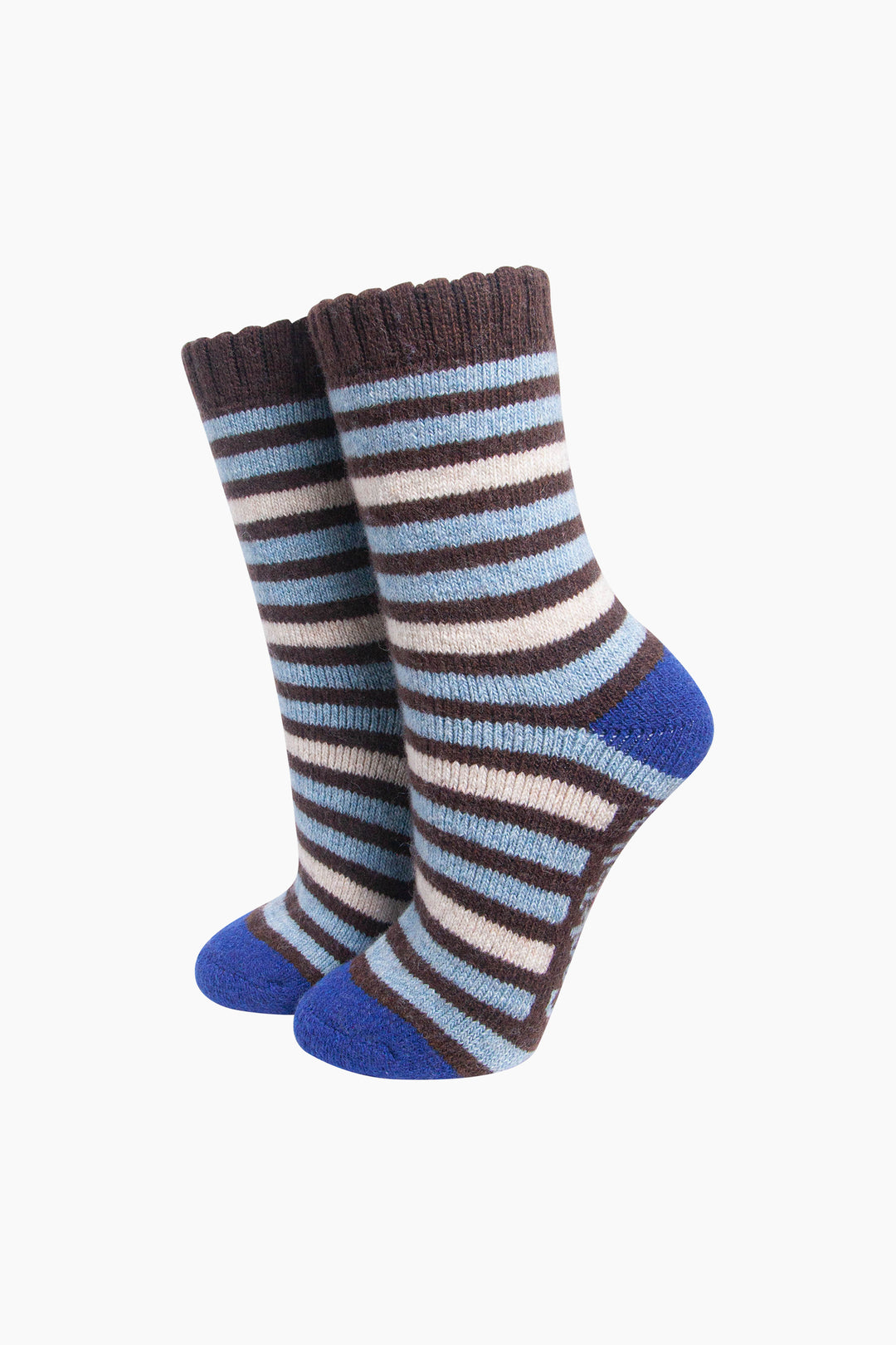Stripe-Patterned-Wool-Socks-in-Brown/Sky-Blue-On-Mannequin