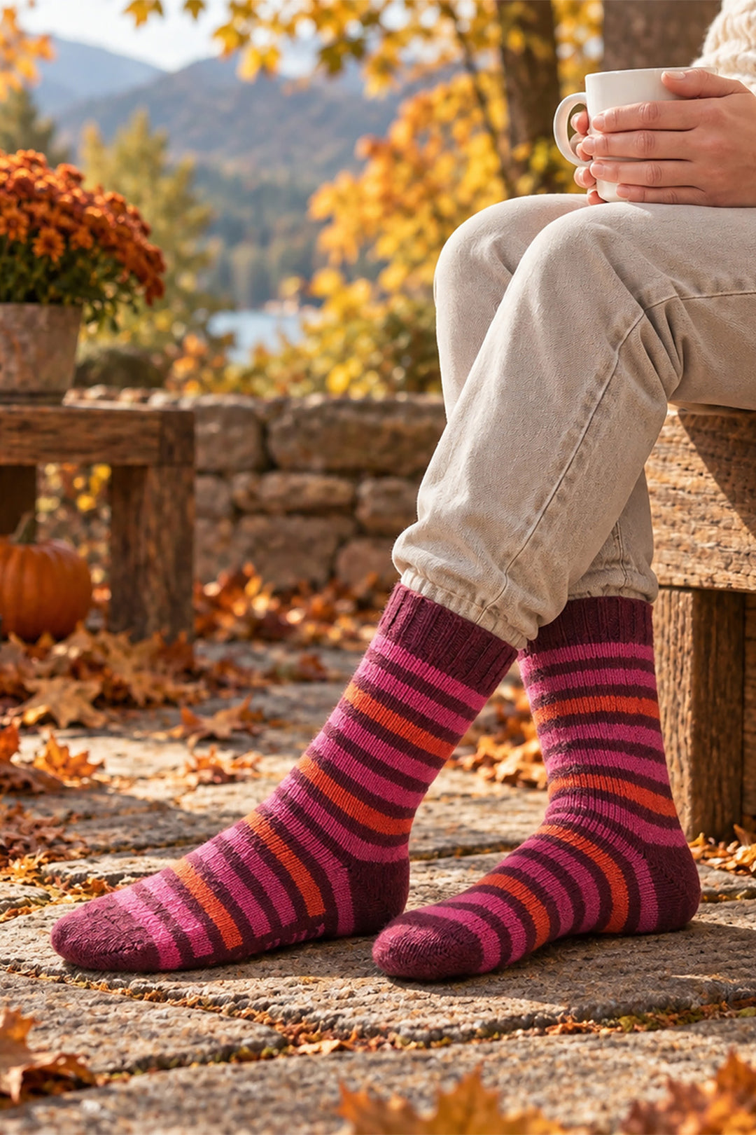 Stripe-Patterned-Wool-Socks-in-Burgundy/Orange