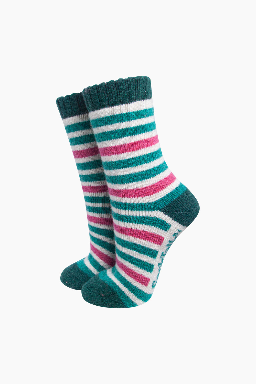 Stripe-Patterned-Wool-Socks-in-Forest-Green/Pink-On-Mannequin