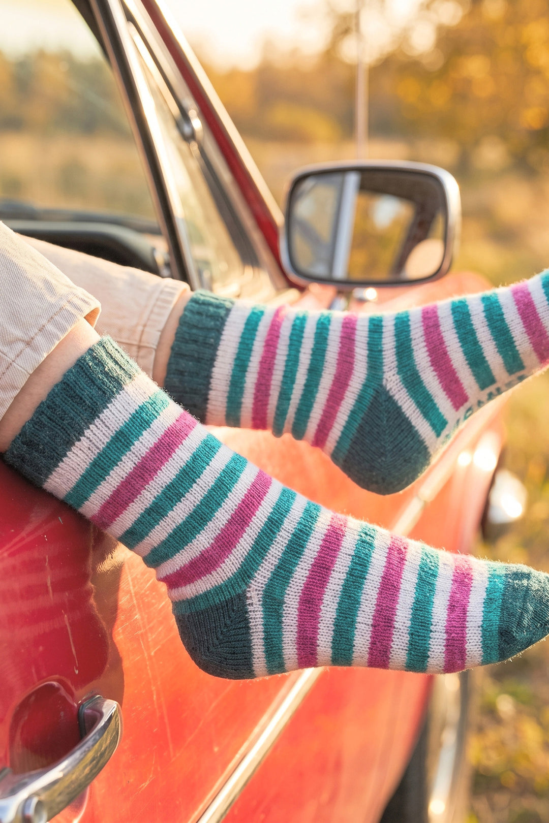 Stripe-Patterned-Wool-Socks-in-Forest-Green/Pink