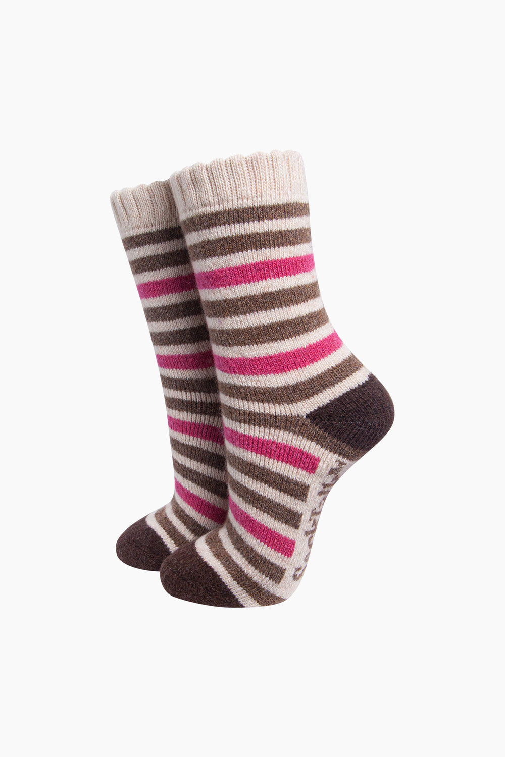 Stripe-Patterned-Wool-Socks-in-Cream/Brown/Pink-On-Mannequin