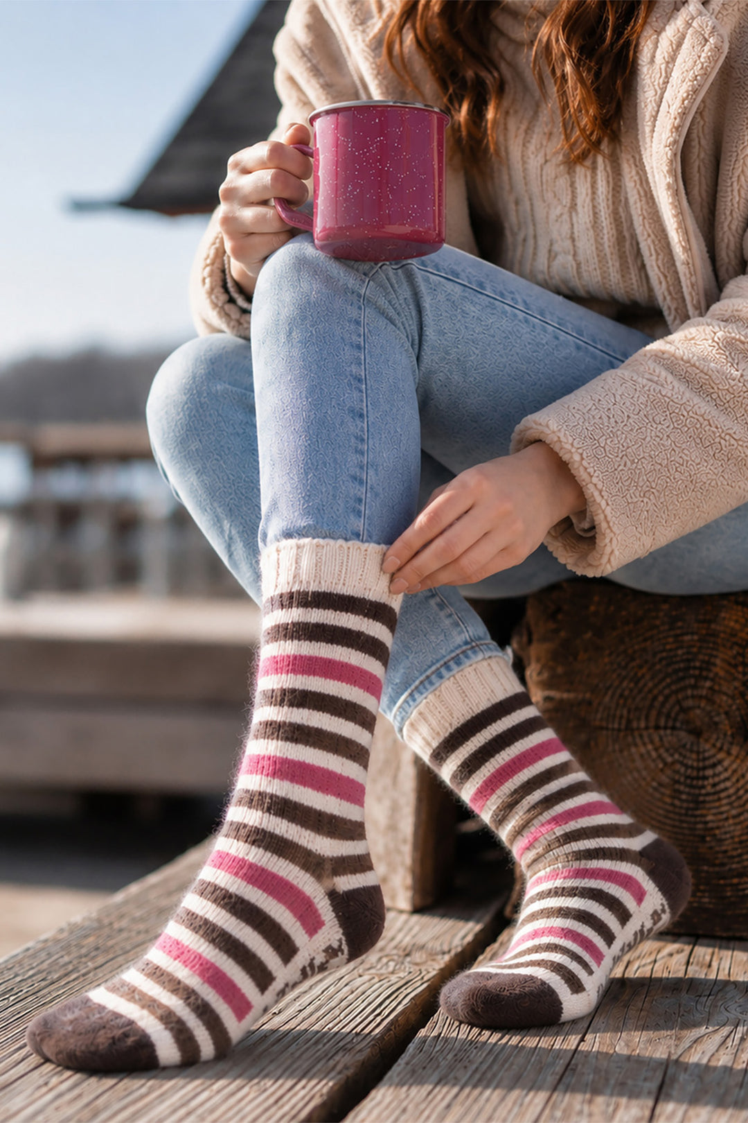 Stripe-Patterned-Wool-Socks-in-Cream/Brown/Pink