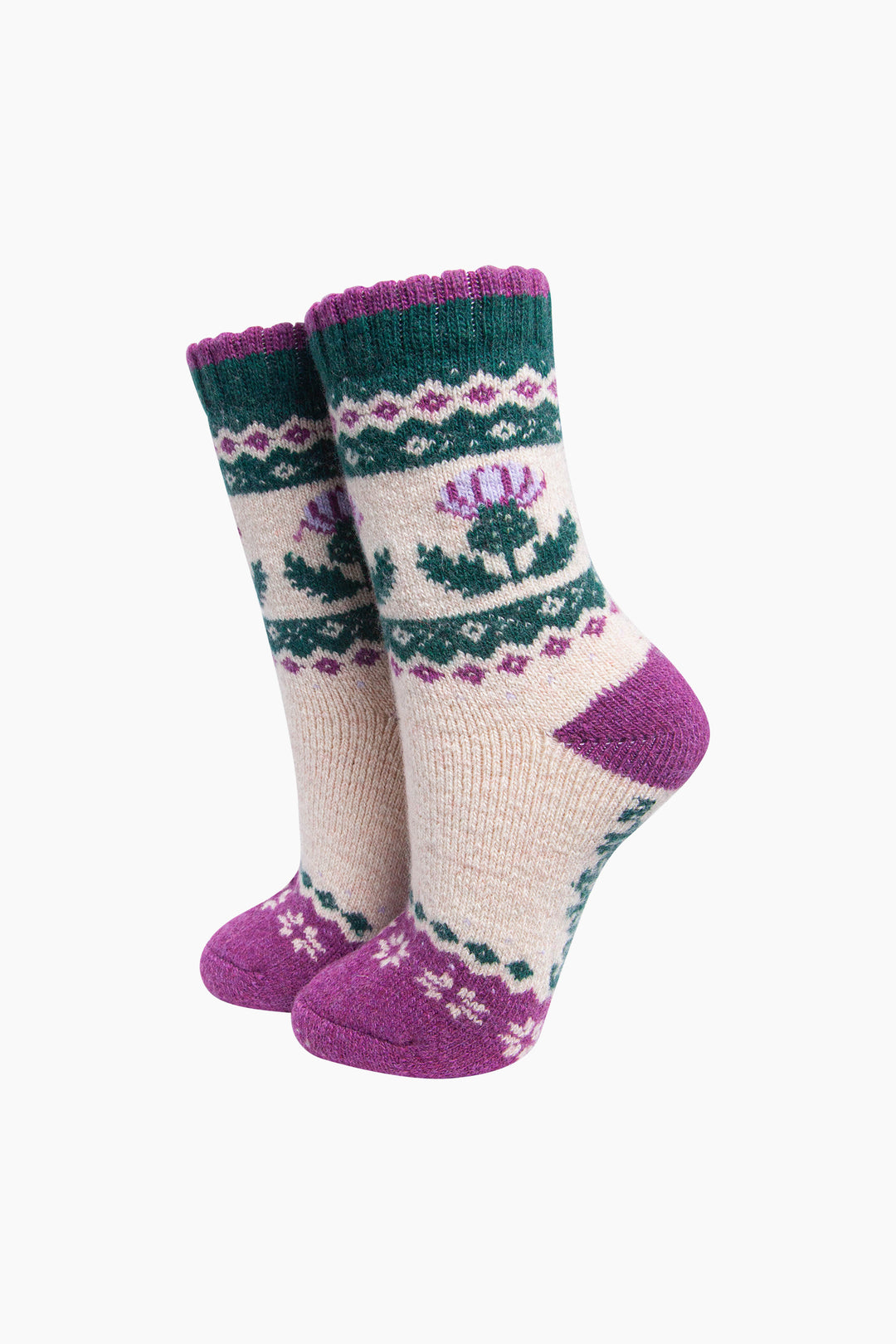 Thistle-Patterned-Wool-Socks-in-Cream/Green-On-Mannequin