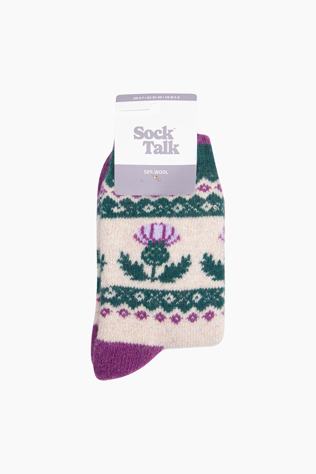 Thistle-Patterned-Wool-Socks-in-Cream/Green-In-Packaging