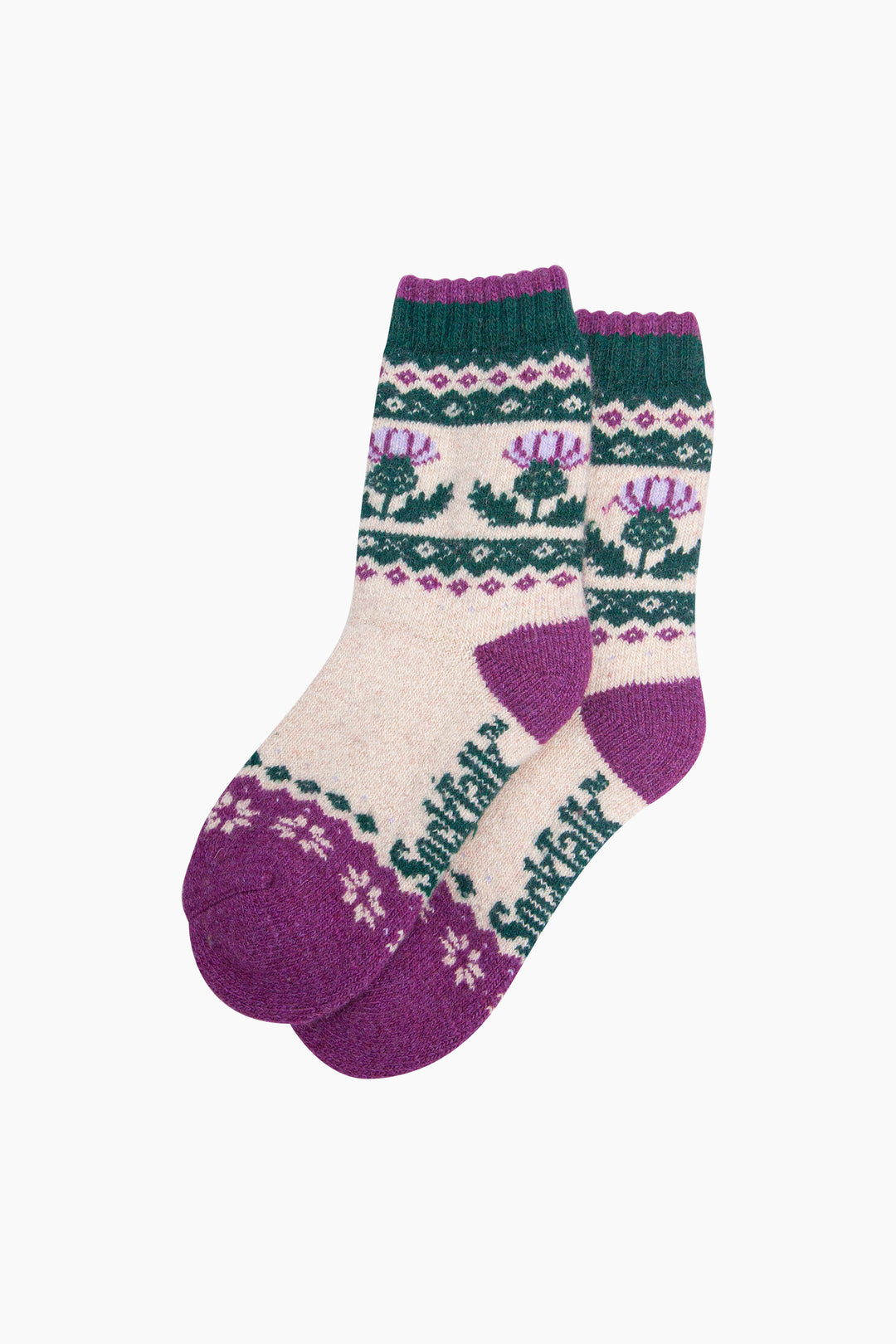 Thistle-Patterned-Wool-Socks-in-Cream/Green-Laid-Flat